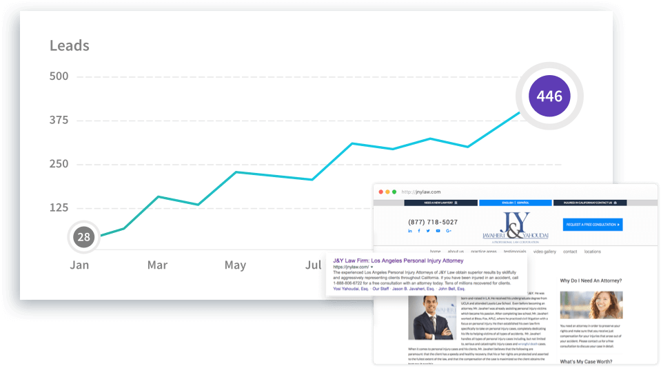 Graph shows an increase in leads from 28 to 446 over a one year period for the law firm J&Y Law